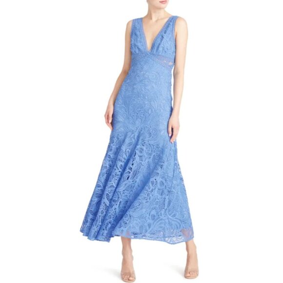Monique Lhuillier ML Blue Opal Paisley Lace Embroidered Midi Dress Gown, Size 6 - Picture 1 of 9